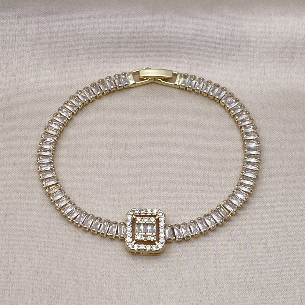 Oro Laminado Tennis Bracelet, Gold Filled Style Baguette and Cluster Design, with White Cubic Zirconia and White Micro Pave, Polished, Golden Finish