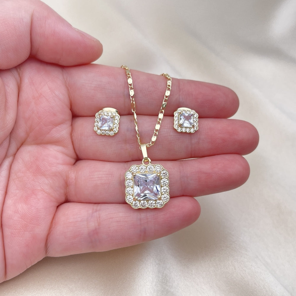 Oro Laminado Earring and Pendant Adult Set, Gold Filled Style Cluster Design, with White Cubic Zirconia, Polished, Golden Finish
