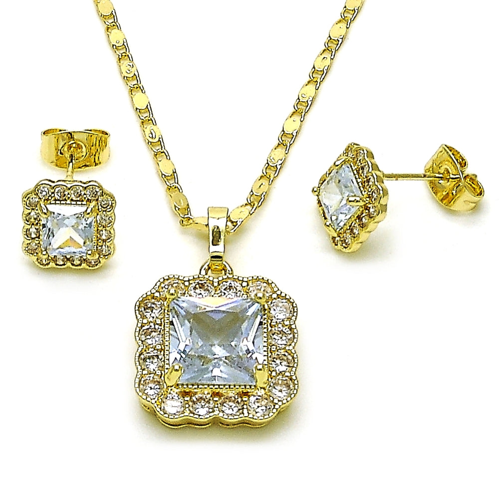 Oro Laminado Earring and Pendant Adult Set, Gold Filled Style Cluster Design, with White Cubic Zirconia, Polished, Golden Finish