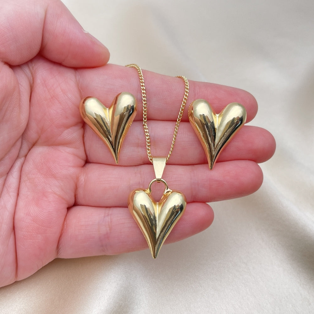 Oro Laminado Earring and Pendant Adult Set, Gold Filled Style Heart and Hollow Design, Polished, Golden Finish