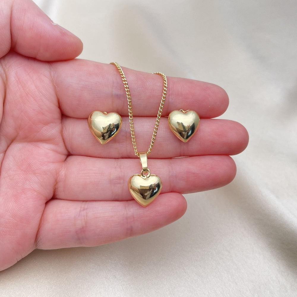 Oro Laminado Earring and Pendant Adult Set, Gold Filled Style Heart and Hollow Design, Polished, Golden Finish