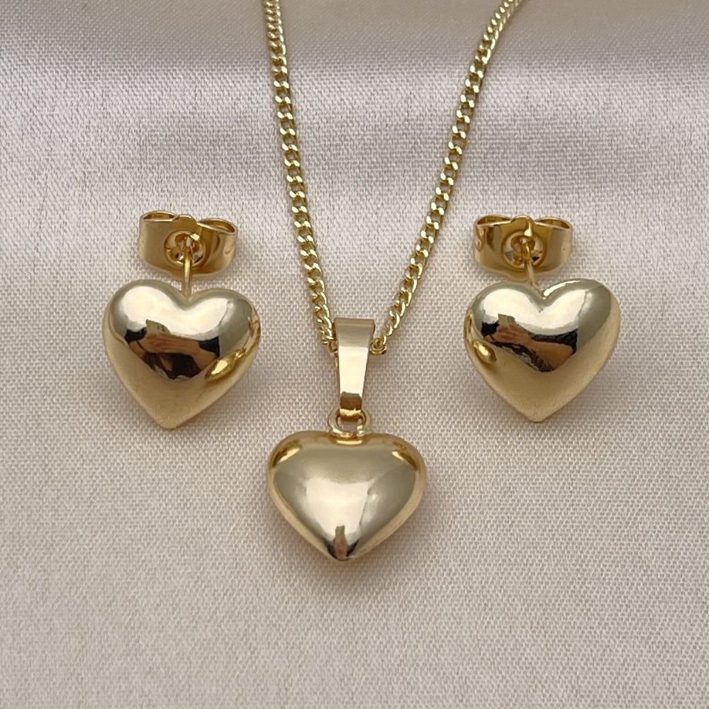 Oro Laminado Earring and Pendant Adult Set, Gold Filled Style Heart and Hollow Design, Polished, Golden Finish
