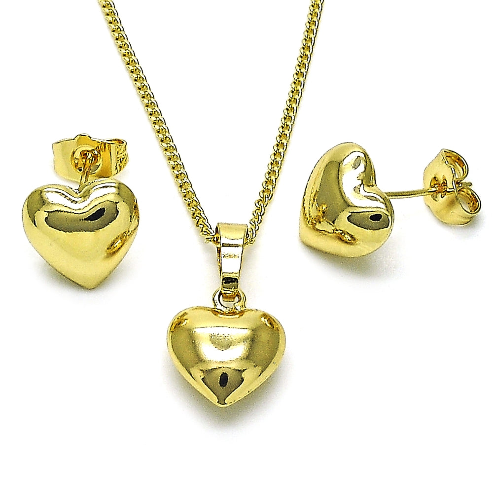 Oro Laminado Earring and Pendant Adult Set, Gold Filled Style Heart and Hollow Design, Polished, Golden Finish