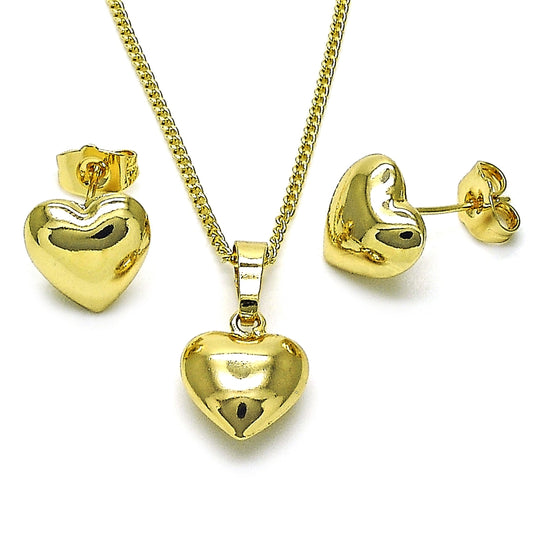 Oro Laminado Earring and Pendant Adult Set, Gold Filled Style Heart and Hollow Design, Polished, Golden Finish