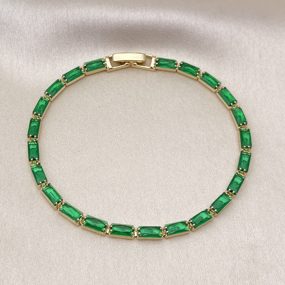 Oro Laminado Tennis Bracelet, Gold Filled Style Baguette Design, with Green Cubic Zirconia, Polished, Golden Finish