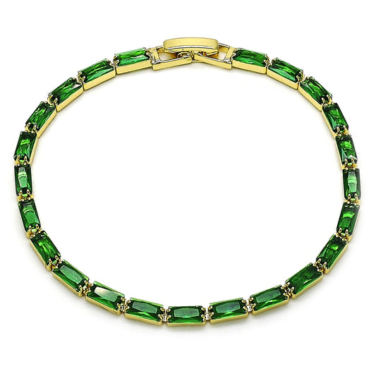 Oro Laminado Tennis Bracelet, Gold Filled Style Baguette Design, with Green Cubic Zirconia, Polished, Golden Finish