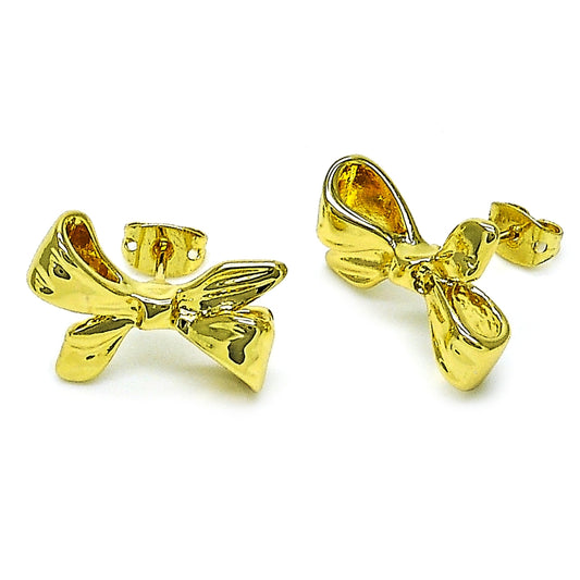 Oro Laminado Stud Earring, Gold Filled Style Bow Design, Polished, Golden Finish