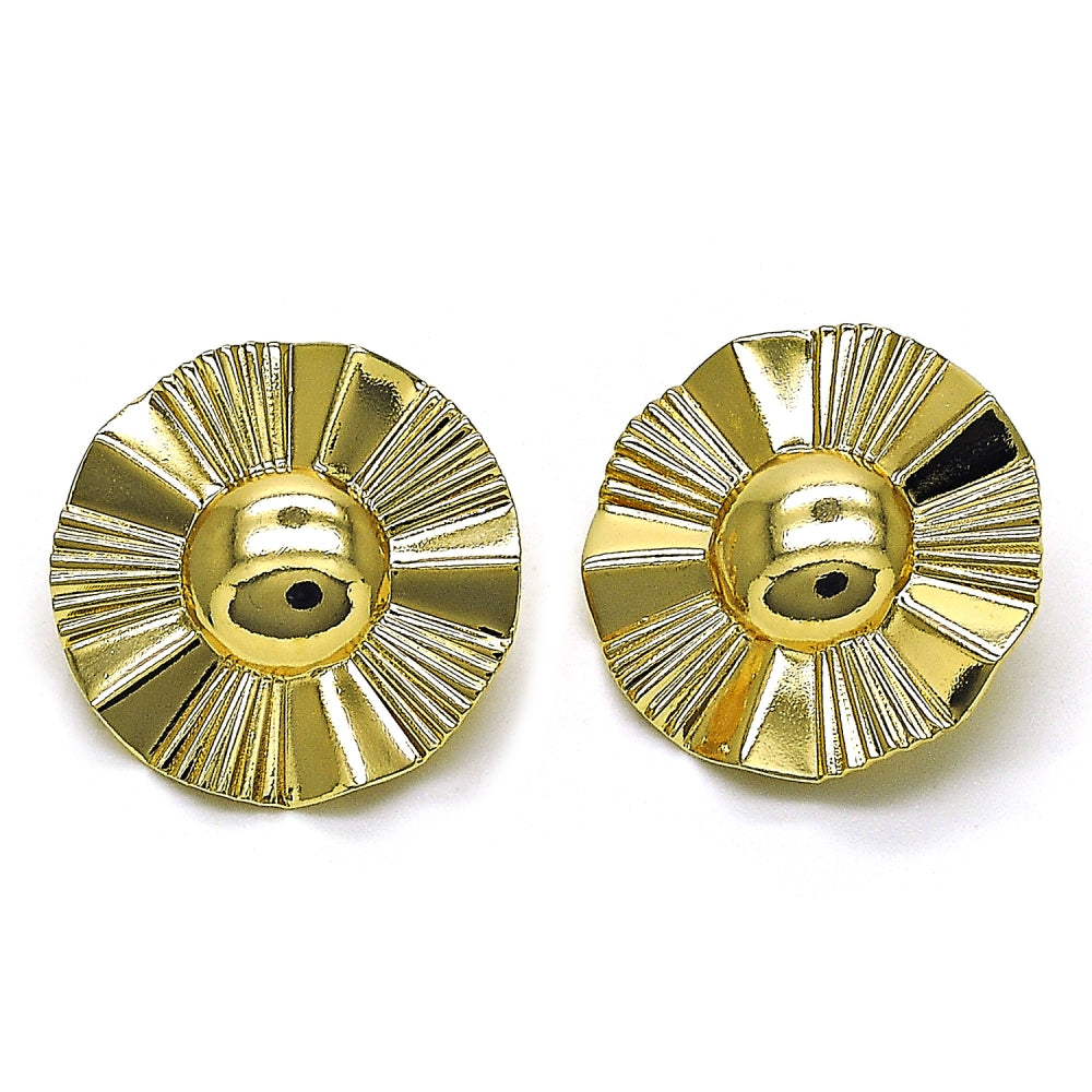 Oro Laminado Stud Earring, Gold Filled Style Sun Design, Diamond Cutting Finish, Golden Finish