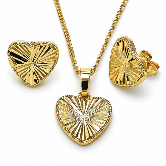 Oro Laminado Earring and Pendant Adult Set, Gold Filled Style Heart Design, Diamond Cutting Finish, Golden Finish