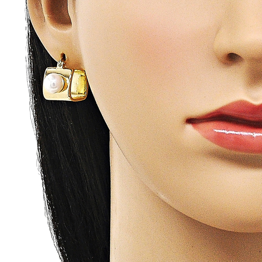 Oro Laminado Small Hoop, Gold Filled Style Ball Design, with Ivory Pearl, Polished, Golden Finish