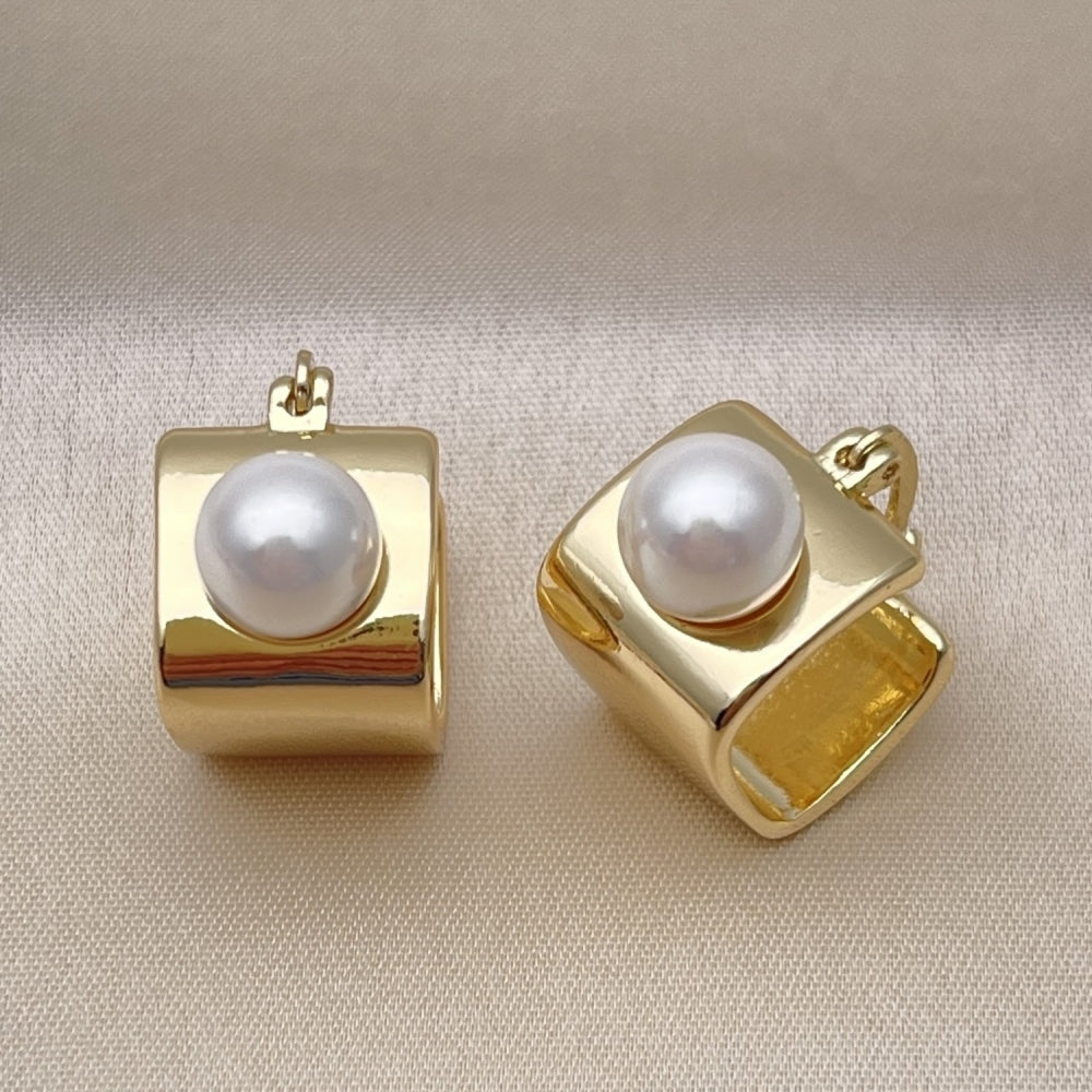 Oro Laminado Small Hoop, Gold Filled Style Ball Design, with Ivory Pearl, Polished, Golden Finish