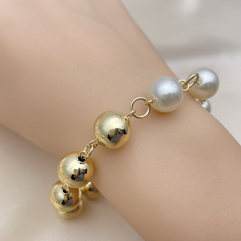 Oro Laminado Fancy Bracelet, Gold Filled Style Ball and Hollow Design, with Ivory Pearl, Polished, Golden Finish