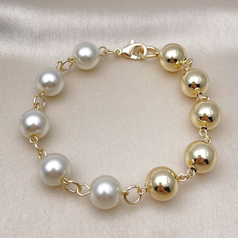 Oro Laminado Fancy Bracelet, Gold Filled Style Ball and Hollow Design, with Ivory Pearl, Polished, Golden Finish