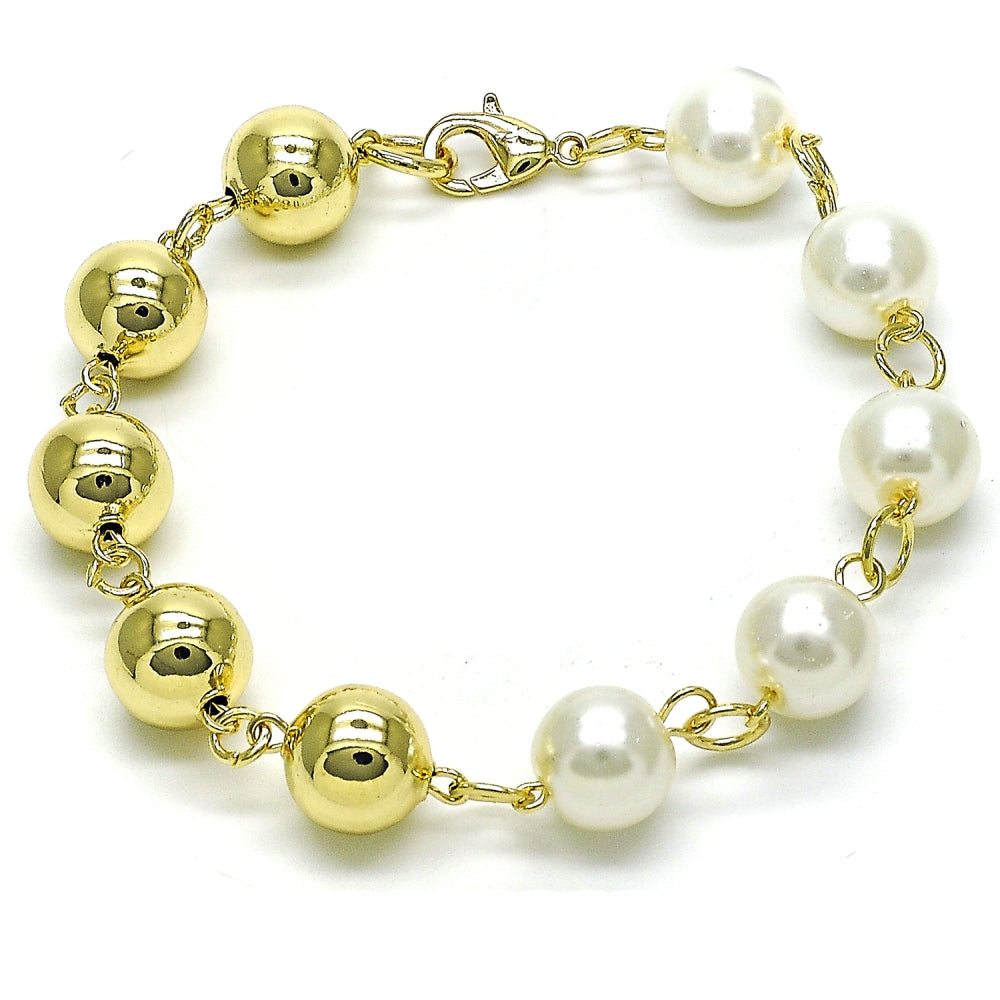 Oro Laminado Fancy Bracelet, Gold Filled Style Ball and Hollow Design, with Ivory Pearl, Polished, Golden Finish