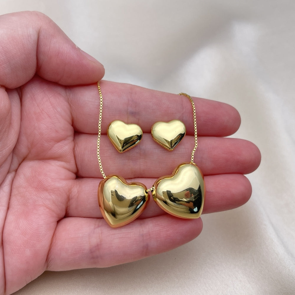 Oro Laminado Necklace and Earring, Gold Filled Style Heart and Box Design, Polished, Golden Finish