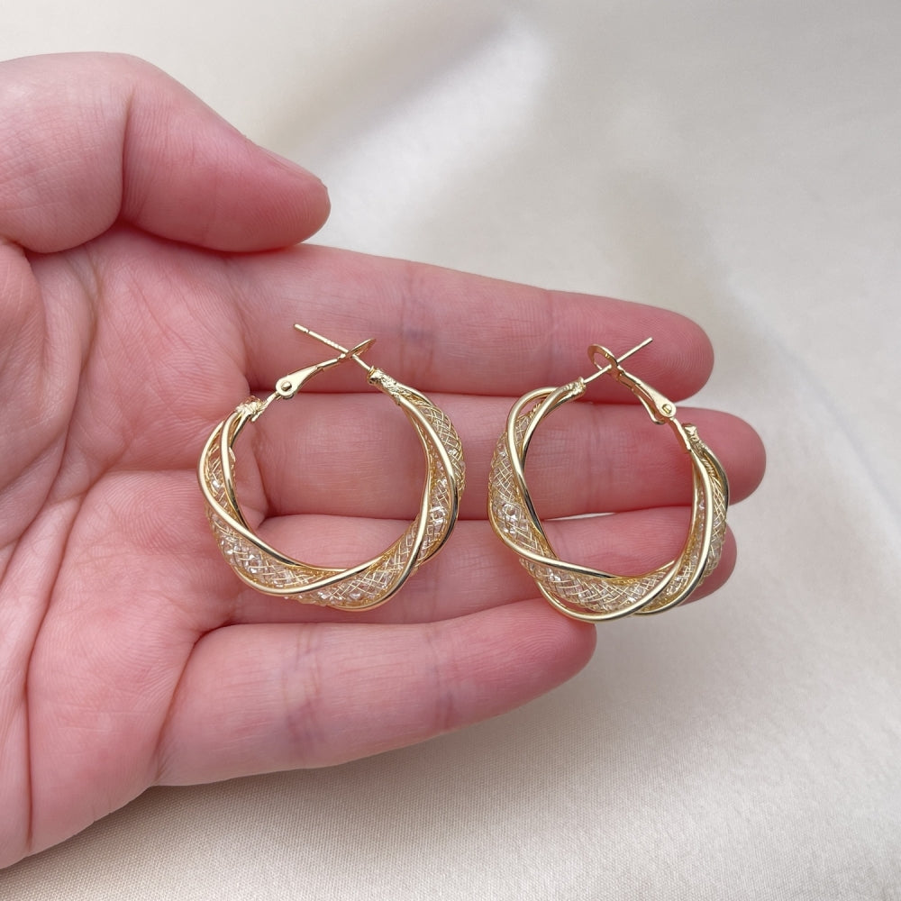 Oro Laminado Medium Hoop, Gold Filled Style Twist and Filigree Design, with White Crystal, Polished, Golden Finish