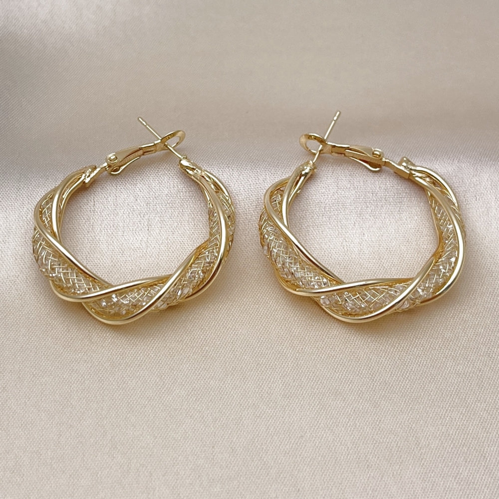 Oro Laminado Medium Hoop, Gold Filled Style Twist and Filigree Design, with White Crystal, Polished, Golden Finish