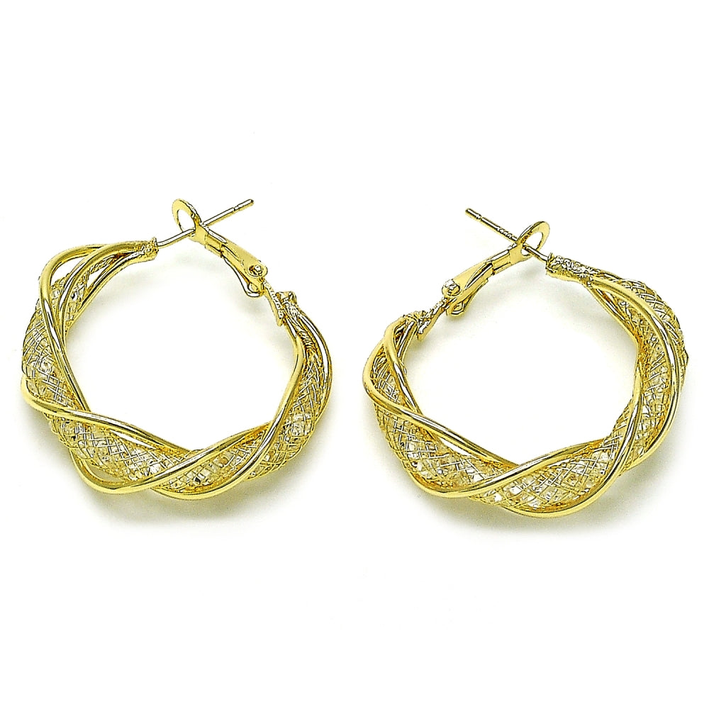 Oro Laminado Medium Hoop, Gold Filled Style Twist and Filigree Design, with White Crystal, Polished, Golden Finish