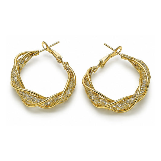 Oro Laminado Medium Hoop, Gold Filled Style Twist and Filigree Design, with White Crystal, Polished, Golden Finish