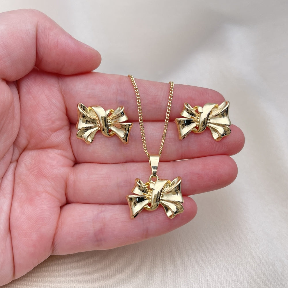 Oro Laminado Earring and Pendant Adult Set, Gold Filled Style Bow Design, Polished, Golden Finish