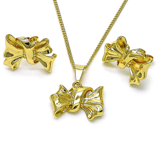 Oro Laminado Earring and Pendant Adult Set, Gold Filled Style Bow Design, Polished, Golden Finish