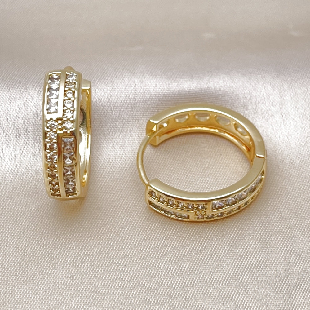 Oro Laminado Huggie Hoop, Gold Filled Style with White Cubic Zirconia, Polished, Golden Finish