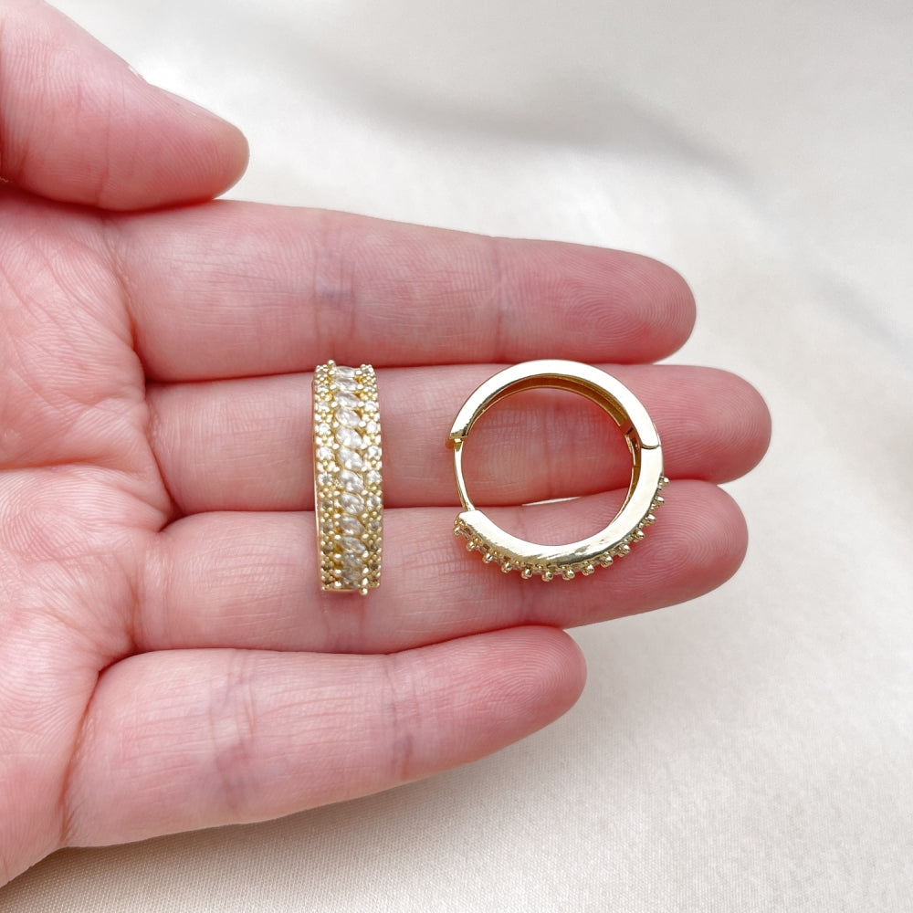 Oro Laminado Huggie Hoop, Gold Filled Style Cluster Design, with White Cubic Zirconia, Polished, Golden Finish
