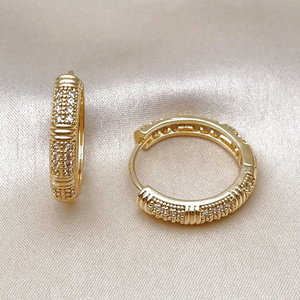 Oro Laminado Huggie Hoop, Gold Filled Style with White Micro Pave, Polished, Golden Finish