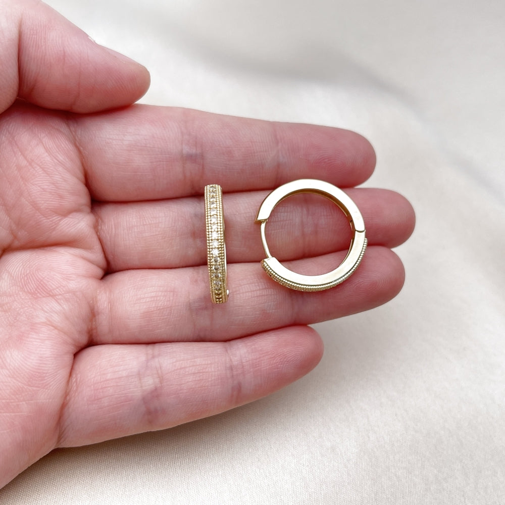 Oro Laminado Huggie Hoop, Gold Filled Style with White Micro Pave, Polished, Golden Finish