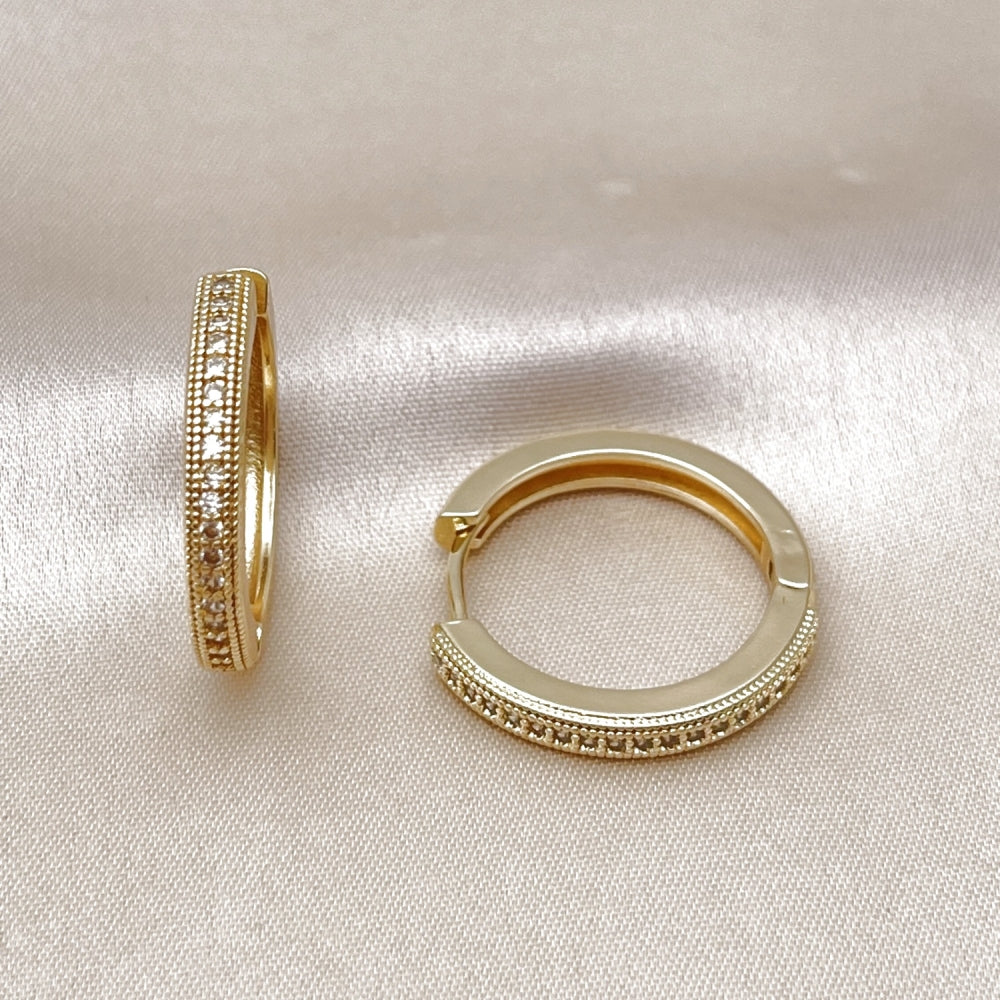 Oro Laminado Huggie Hoop, Gold Filled Style with White Micro Pave, Polished, Golden Finish