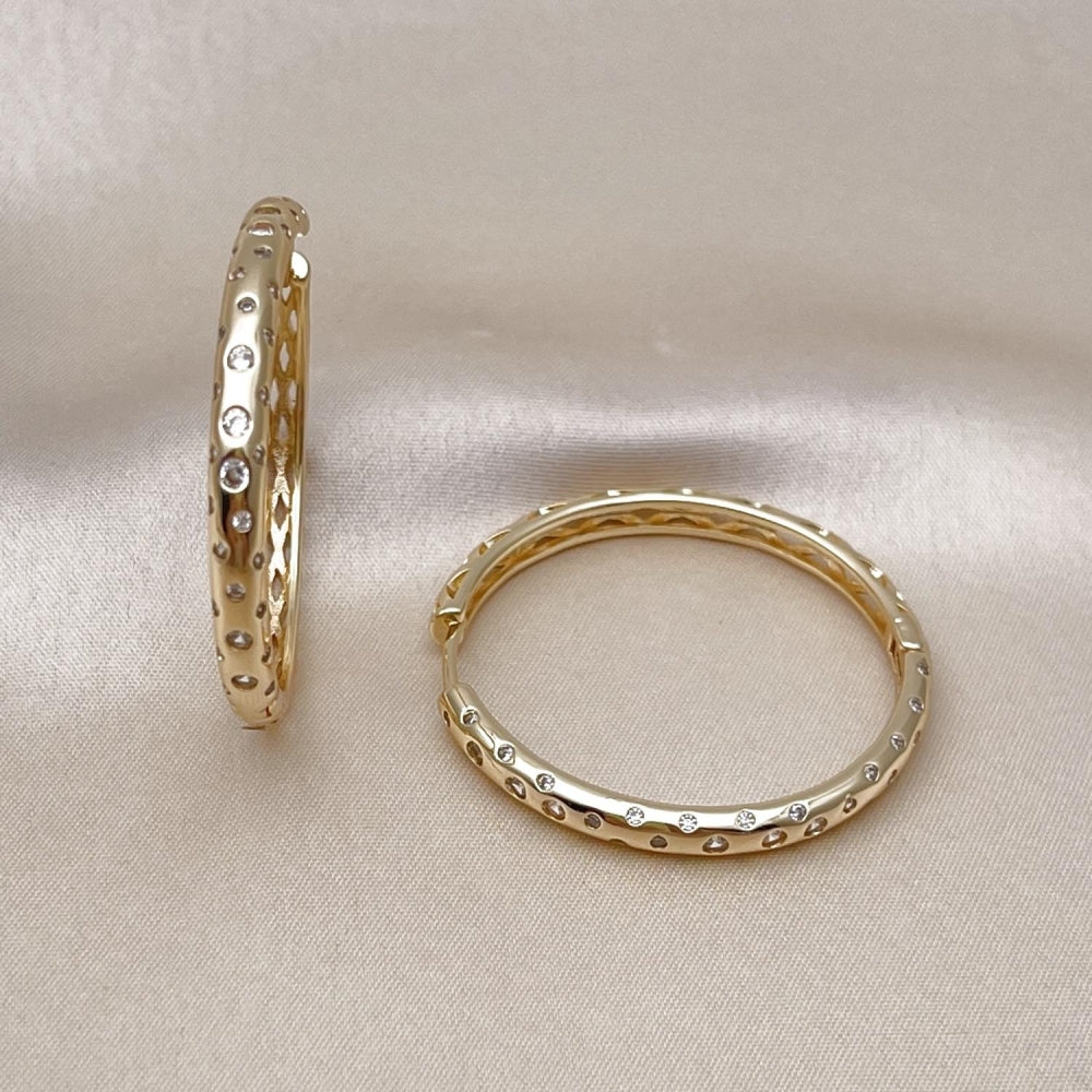 Oro Laminado Huggie Hoop, Gold Filled Style with White Cubic Zirconia, Polished, Golden Finish
