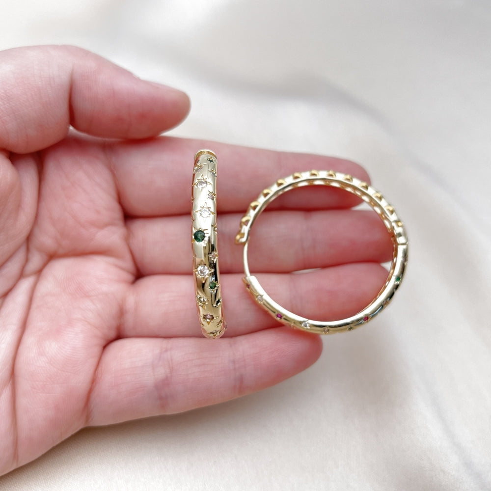 Oro Laminado Huggie Hoop, Gold Filled Style with Multicolor Cubic Zirconia, Polished, Golden Finish