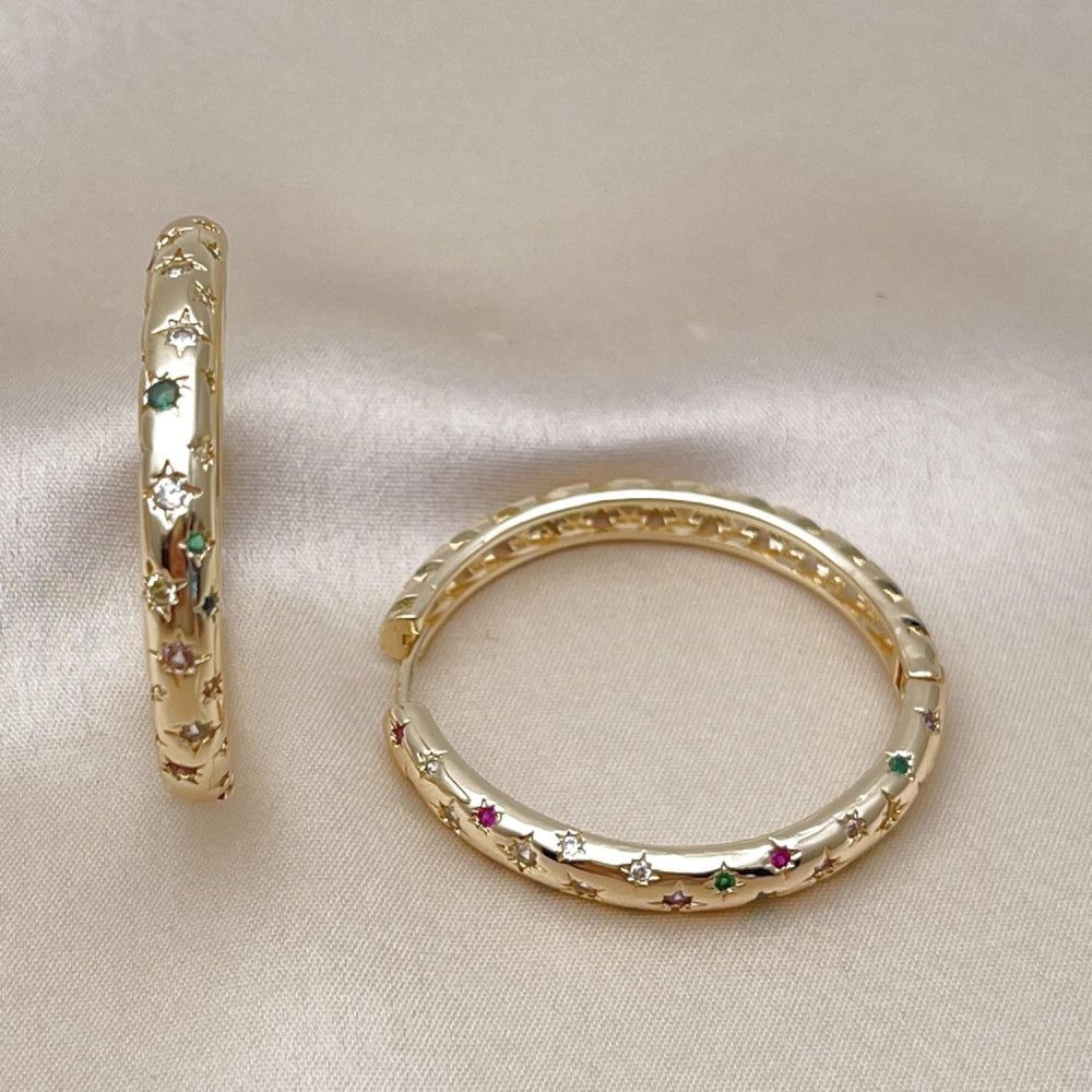 Oro Laminado Huggie Hoop, Gold Filled Style with Multicolor Cubic Zirconia, Polished, Golden Finish