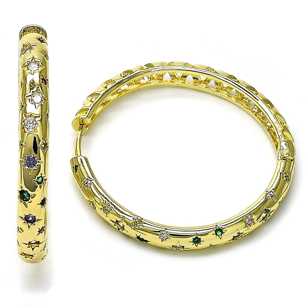 Oro Laminado Huggie Hoop, Gold Filled Style with Multicolor Cubic Zirconia, Polished, Golden Finish