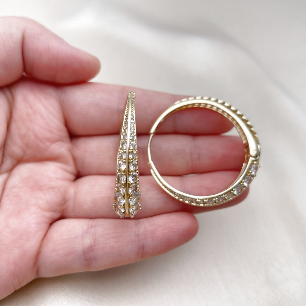 Oro Laminado Huggie Hoop, Gold Filled Style with White Crystal, Polished, Golden Finish