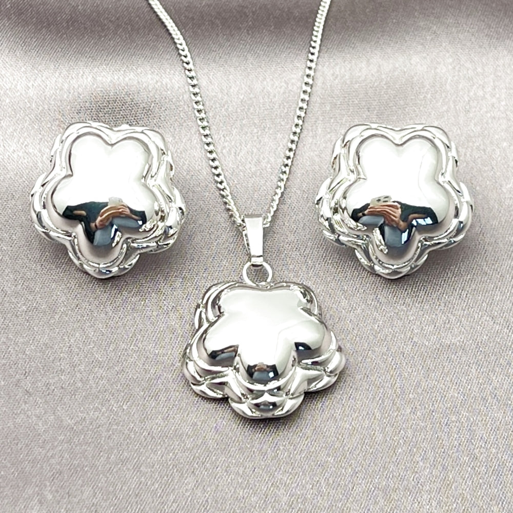 Rhodium Gold Filled Earring and Pendant Adult Set, Flower Design, Polished, Rhodium Finish