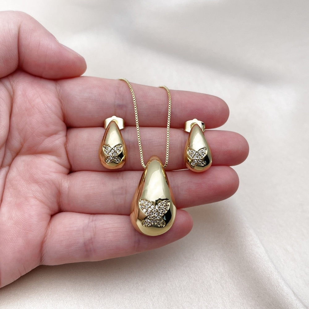 Oro Laminado Earring and Pendant Adult Set, Gold Filled Style Teardrop and Butterfly Design, with White Cubic Zirconia, Polished, Golden Finish