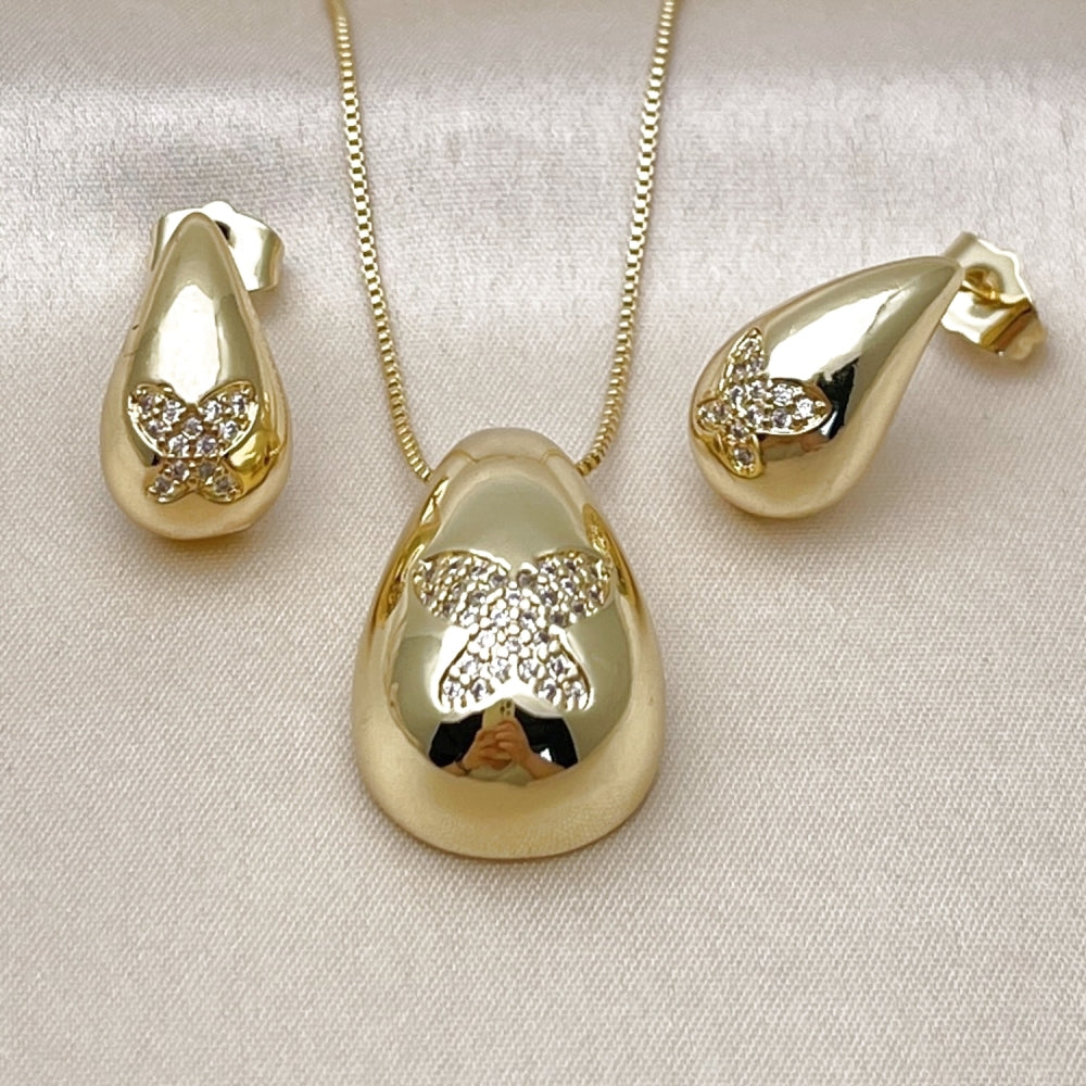 Oro Laminado Earring and Pendant Adult Set, Gold Filled Style Teardrop and Butterfly Design, with White Cubic Zirconia, Polished, Golden Finish