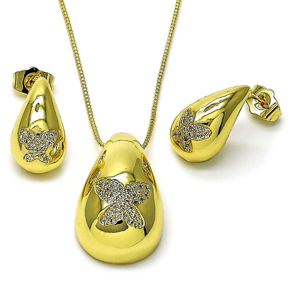 Oro Laminado Earring and Pendant Adult Set, Gold Filled Style Teardrop and Butterfly Design, with White Cubic Zirconia, Polished, Golden Finish