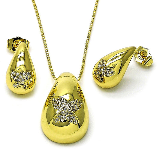 Oro Laminado Earring and Pendant Adult Set, Gold Filled Style Teardrop and Butterfly Design, with White Cubic Zirconia, Polished, Golden Finish