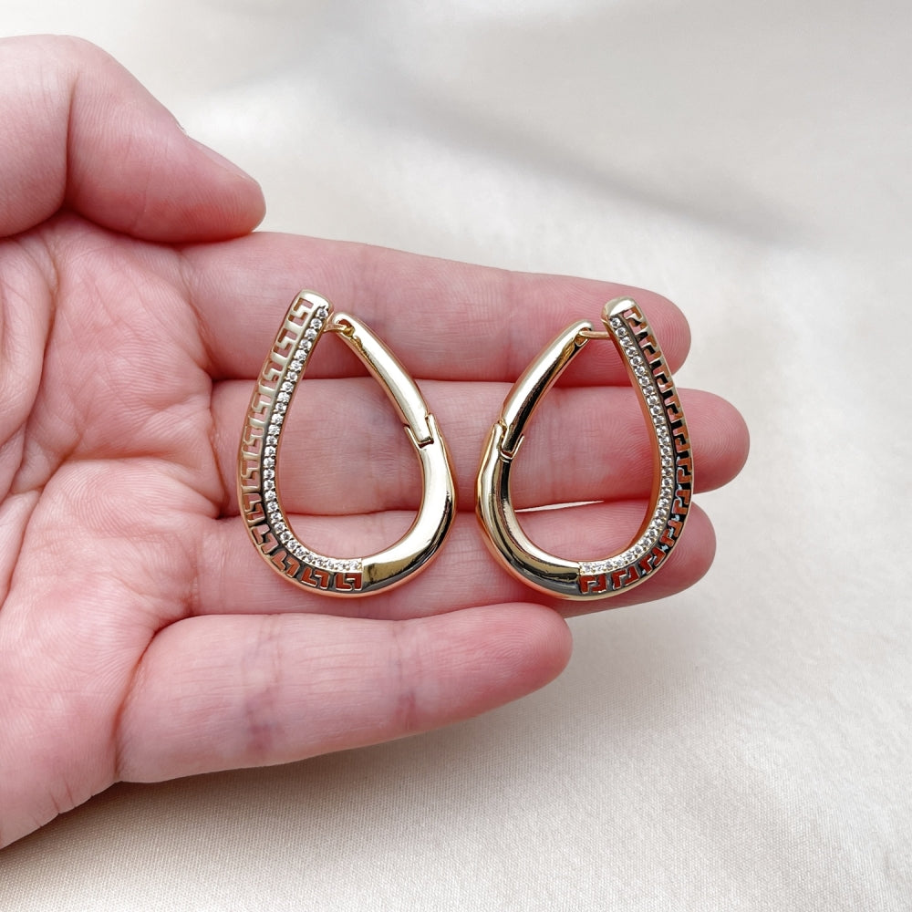 Oro Laminado Huggie Hoop, Gold Filled Style Greek Key Design, with White Micro Pave, Polished, Golden Finish
