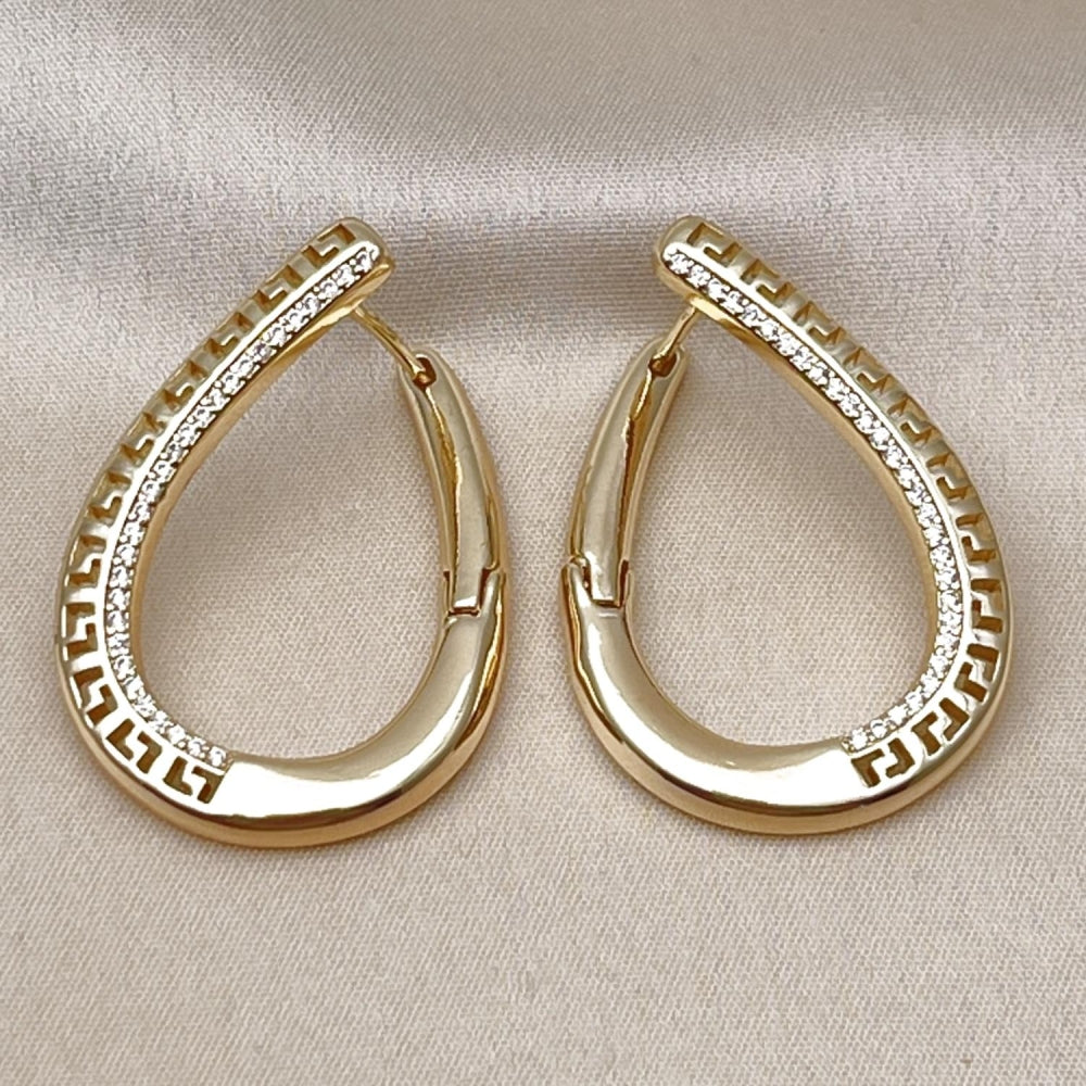 Oro Laminado Huggie Hoop, Gold Filled Style Greek Key Design, with White Micro Pave, Polished, Golden Finish