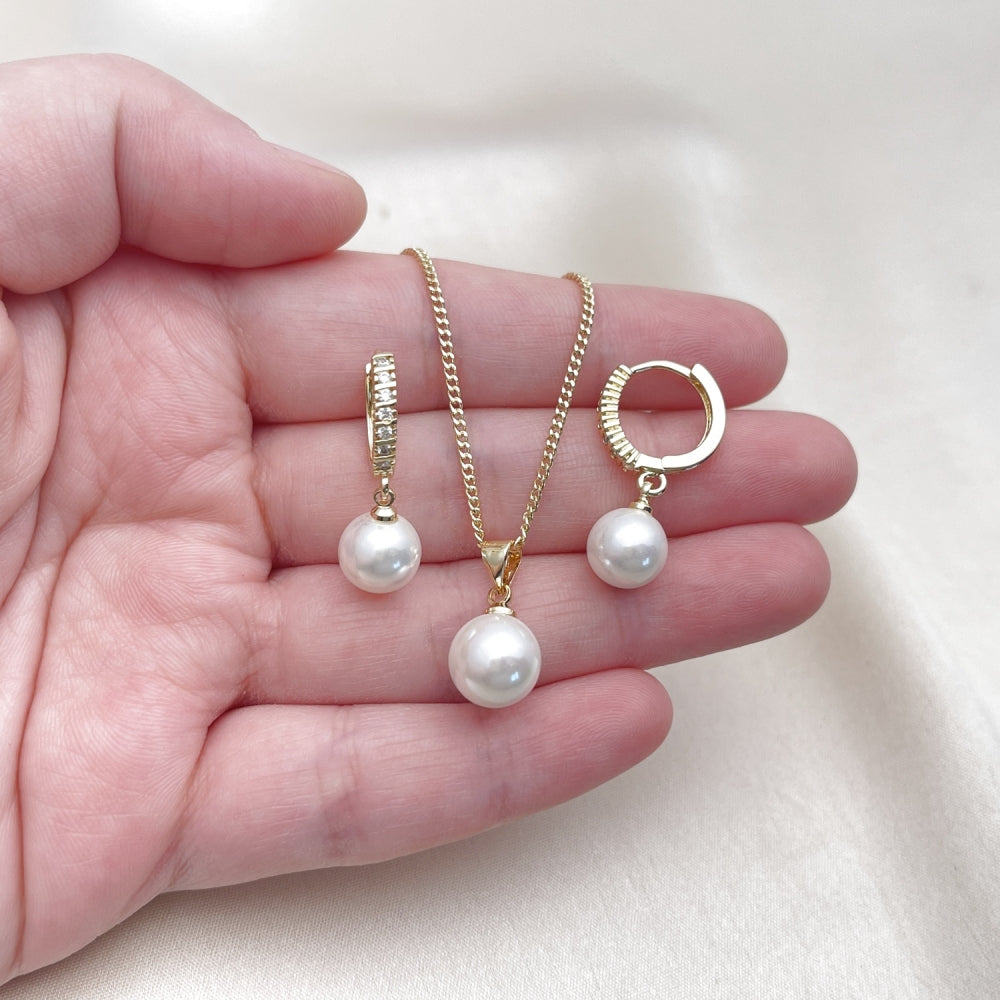 Oro Laminado Earring and Pendant Adult Set, Gold Filled Style Ball Design, with Ivory Mother of Pearl and White Cubic Zirconia, Polished, Golden Finish