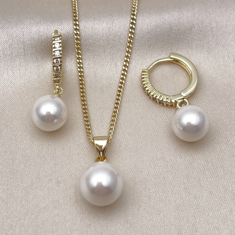 Oro Laminado Earring and Pendant Adult Set, Gold Filled Style Ball Design, with Ivory Mother of Pearl and White Cubic Zirconia, Polished, Golden Finish