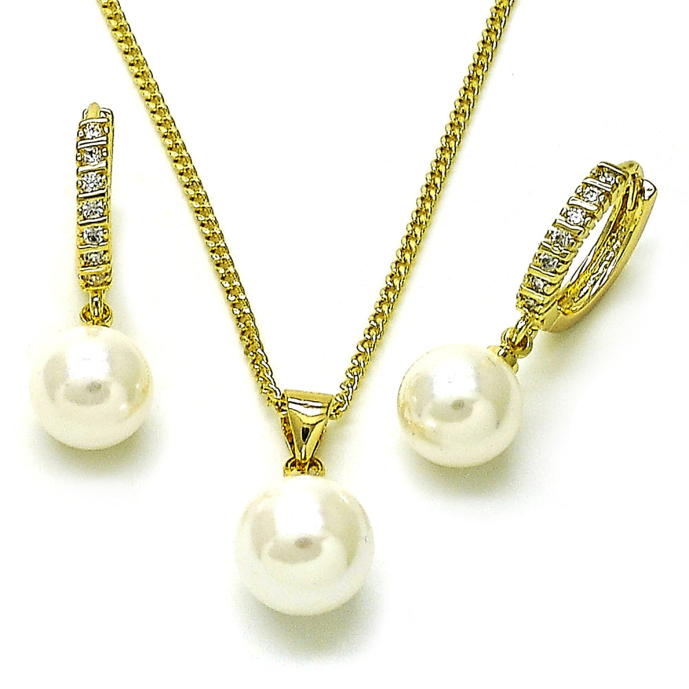 Oro Laminado Earring and Pendant Adult Set, Gold Filled Style Ball Design, with Ivory Mother of Pearl and White Cubic Zirconia, Polished, Golden Finish