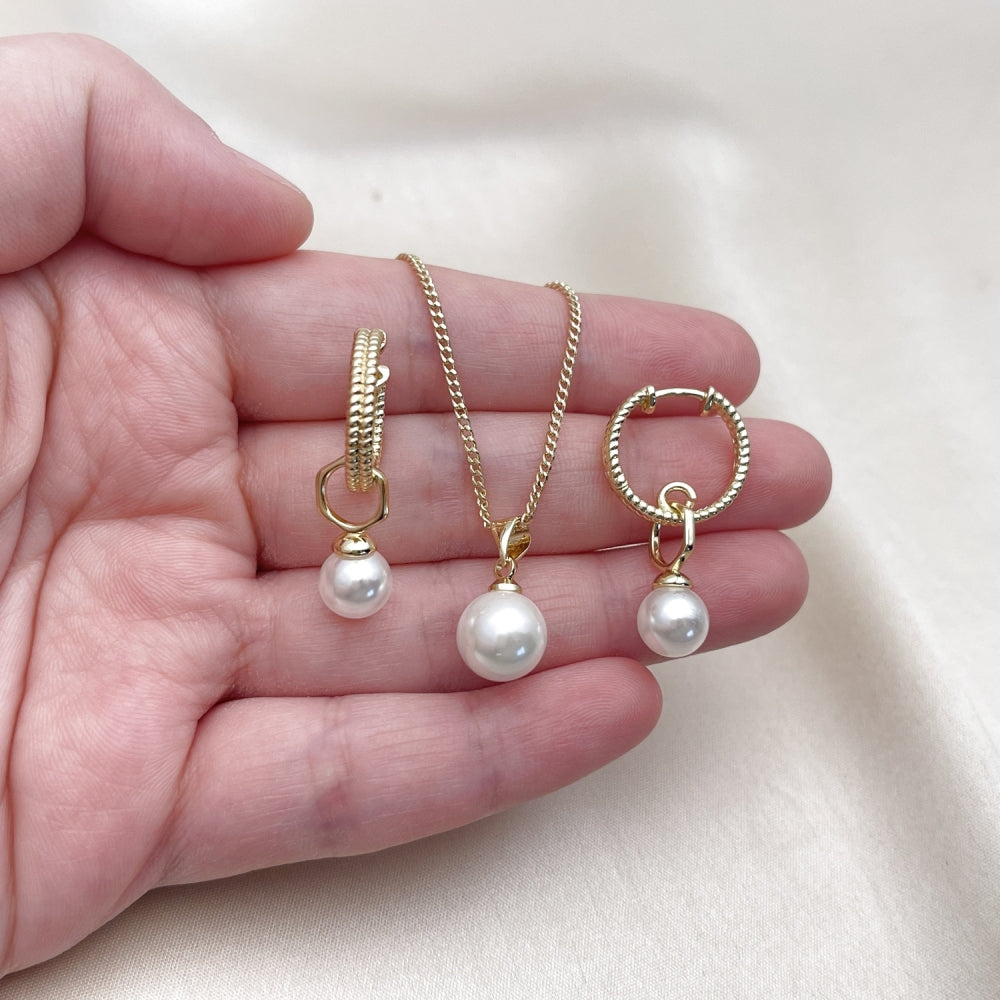 Oro Laminado Earring and Pendant Adult Set, Gold Filled Style Ball and Twist Design, with Ivory Mother of Pearl, Diamond Cutting Finish, Golden Finish