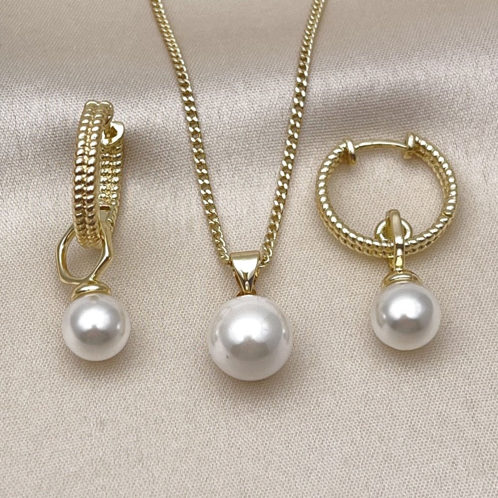 Oro Laminado Earring and Pendant Adult Set, Gold Filled Style Ball and Twist Design, with Ivory Mother of Pearl, Diamond Cutting Finish, Golden Finish