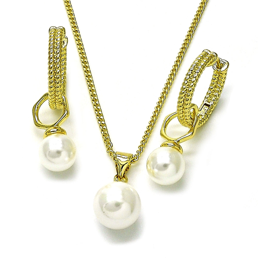 Oro Laminado Earring and Pendant Adult Set, Gold Filled Style Ball and Twist Design, with Ivory Mother of Pearl, Diamond Cutting Finish, Golden Finish