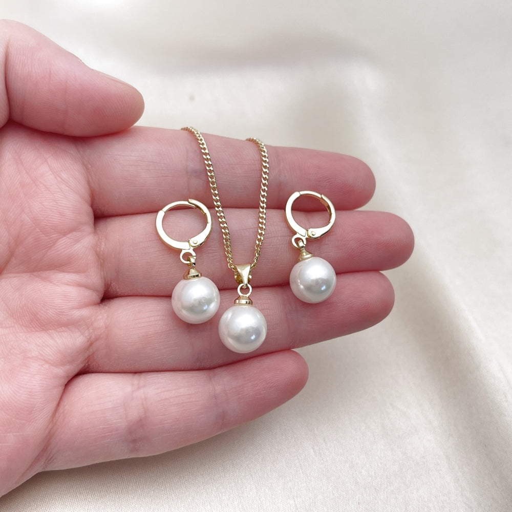 Oro Laminado Earring and Pendant Adult Set, Gold Filled Style Ball Design, with Ivory Mother of Pearl, Polished, Golden Finish