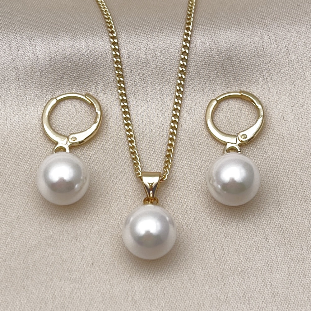 Oro Laminado Earring and Pendant Adult Set, Gold Filled Style Ball Design, with Ivory Mother of Pearl, Polished, Golden Finish